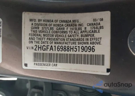 2008 Honda Civic Ex-L из США, поврежденный, VIN 2HGFA16988H519096